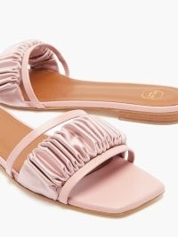 MALONE SOULIERS Demi leather and gathered-satin slides ~ women’s pink ruched square toe sliders ~ womens chic slip on flats
