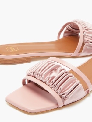 MALONE SOULIERS Demi leather and gathered-satin slides ~ women’s pink ruched square toe sliders ~ womens chic slip on flats - flipped