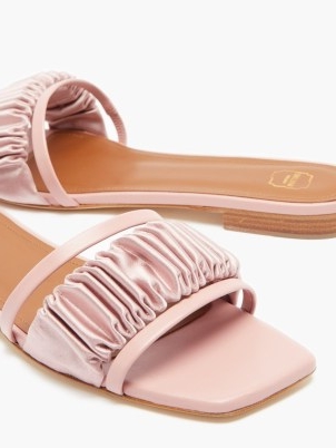 MALONE SOULIERS Demi leather and gathered-satin slides ~ women’s pink ruched square toe sliders ~ womens chic slip on flats