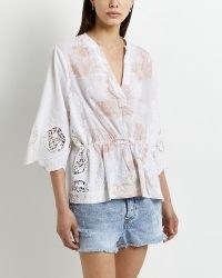 RIVER ISLAND PINK EMBROIDERED LACE BLOUSE / boho drawstring waist blouses / bohemian cotton tops