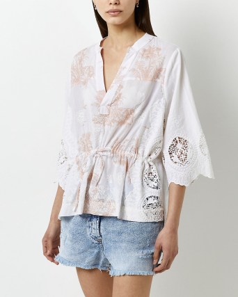 RIVER ISLAND PINK EMBROIDERED LACE BLOUSE / boho drawstring waist blouses / bohemian cotton tops - flipped
