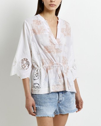 RIVER ISLAND PINK EMBROIDERED LACE BLOUSE / boho drawstring waist blouses / bohemian cotton tops