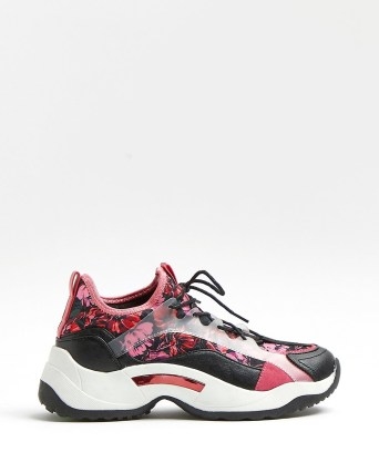 RIVER ISLAND PINK FLORAL CHUNKY TRAINERS / women’s flower print sneakers - flipped