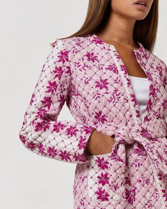 RIVER ISLAND PINK FLORAL QUILTED JACKET ~ womens casual tie waist jackets - flipped