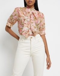 RIVER ISLAND PINK FLORAL RUFFLED BLOUSE / romantic fuffle trim blouses / romance inspired high neck tops
