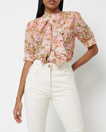 RIVER ISLAND PINK FLORAL RUFFLED BLOUSE / romantic fuffle trim blouses / romance inspired high neck tops - flipped