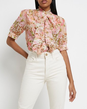 RIVER ISLAND PINK FLORAL RUFFLED BLOUSE / romantic fuffle trim blouses / romance inspired high neck tops