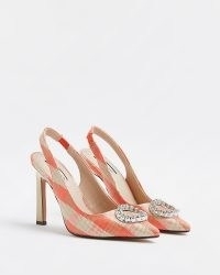 RIVER ISLAND PINK GINGHAM EMBELLISHED COURT SHOES ~ checked slingback courts