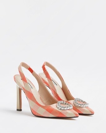RIVER ISLAND PINK GINGHAM EMBELLISHED COURT SHOES ~ checked slingback courts