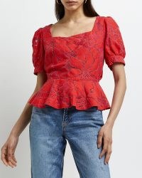 River Island PINK LACE PEPLUM TOP | womens puff sleeve floral tops
