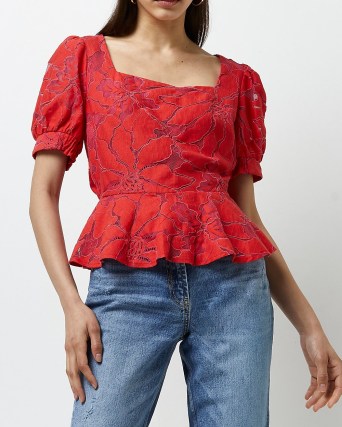 River Island PINK LACE PEPLUM TOP | womens puff sleeve floral tops - flipped