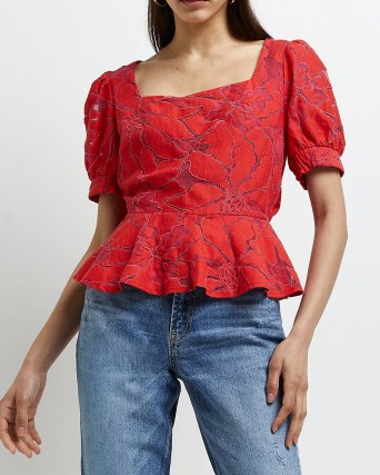River Island PINK LACE PEPLUM TOP | womens puff sleeve floral tops