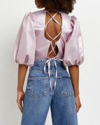 RIVER ISLAND PINK METALLIC CROPPED TOP / puff sleeve strappy back lace-up crop tops