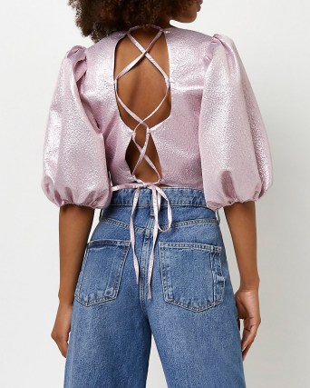 RIVER ISLAND PINK METALLIC CROPPED TOP / puff sleeve strappy back lace-up crop tops - flipped