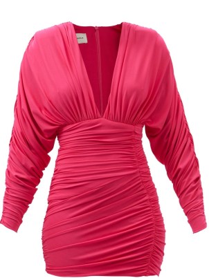 ALEXANDRE VAUTHIER Plunge-neck ruched jersey dress ~ pink fitted plunging neckline mini dresses ~ glamorous evening fashion ~ party glamour ~ deep V-neckline clothes - flipped