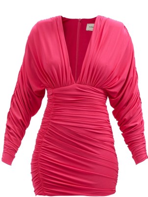 ALEXANDRE VAUTHIER Plunge-neck ruched jersey dress ~ pink fitted plunging neckline mini dresses ~ glamorous evening fashion ~ party glamour ~ deep V-neckline clothes