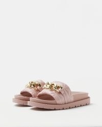 RIVER ISLAND PINK QUILTED CHAIN DETAIL SLIDERS ~ women’s faux leather slides
