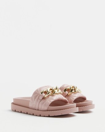 RIVER ISLAND PINK QUILTED CHAIN DETAIL SLIDERS ~ women’s faux leather slides - flipped