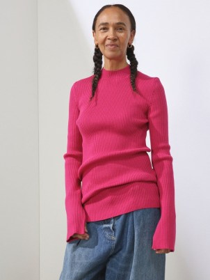 RAEY Responsible pink merino-wool blend rib high-neck jumper ~ women’s bright fuchsia slouchy jumpers - flipped