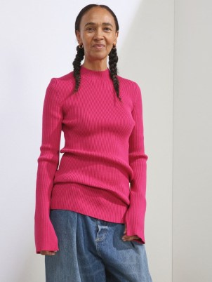 RAEY Responsible pink merino-wool blend rib high-neck jumper ~ women’s bright fuchsia slouchy jumpers