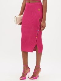 VERSACE Safety pin ribbed-knit midi skirt in pink