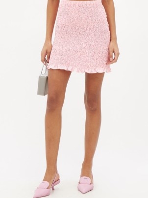 MIU MIU Shirred gingham cotton-poplin mini skirt ~ womens pink checked frill hem skirts - flipped