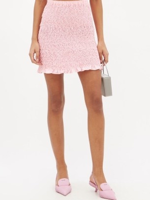 MIU MIU Shirred gingham cotton-poplin mini skirt ~ womens pink checked frill hem skirts