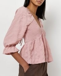 River Island PINK SHIRRED PEPLUM TOP | empire waist tops with tie back detail
