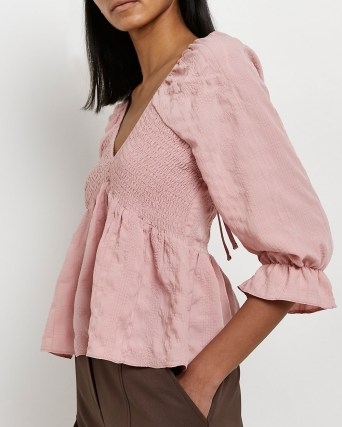 River Island PINK SHIRRED PEPLUM TOP | empire waist tops with tie back detail - flipped