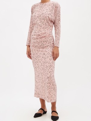 RAEY Sprig floral print asymmetric-hem silk dress ~ pink long sleeved slim fit drape detail dresses - flipped
