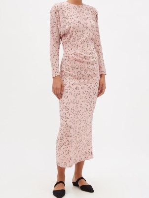 RAEY Sprig floral print asymmetric-hem silk dress ~ pink long sleeved slim fit drape detail dresses