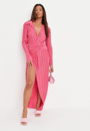 MISSGUIDED pink twist front split hem plisse maxi shirt dress - flipped