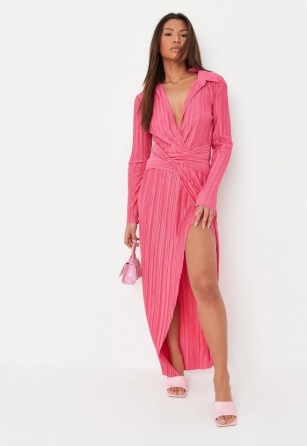 MISSGUIDED pink twist front split hem plisse maxi shirt dress