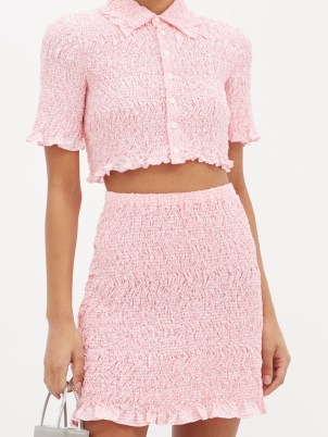 MIU MIU Vichy frilled smocked-gingham shirt ~ pink cropped ruffled shirts ~ women’s ruffle trim crop tops - flipped