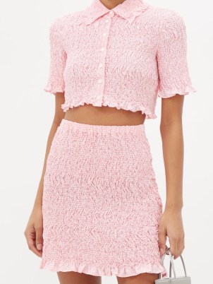 MIU MIU Vichy frilled smocked-gingham shirt ~ pink cropped ruffled shirts ~ women’s ruffle trim crop tops
