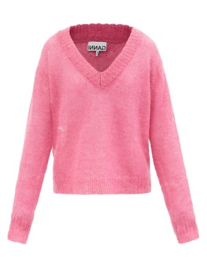 GANNI Pink V-neck mohair-blend sweater ~ women’s sheer sweaters ~ women’s luxe knitwear - flipped