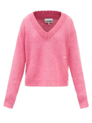 GANNI Pink V-neck mohair-blend sweater ~ women’s sheer sweaters ~ women’s luxe knitwear