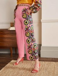 BODEN Printed Linen Trousers Azalea Decorative Blooms / women’s pink floral wide leg summer pants