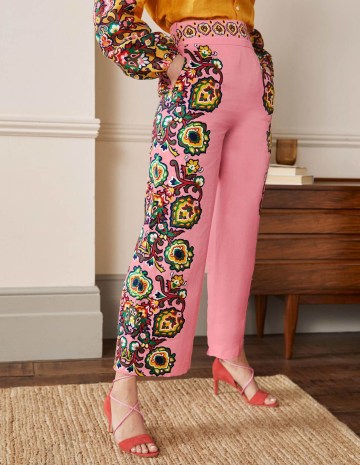 BODEN Printed Linen Trousers Azalea Decorative Blooms / women’s pink floral wide leg summer pants - flipped