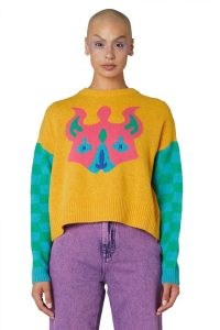 gorman Jess Johnson x Gorman PSY ZETTA JUMPER – women’s cropped jumpers with motif artwork – womens multi patterned crop hem sweaters – relaxed fit drop shoulder