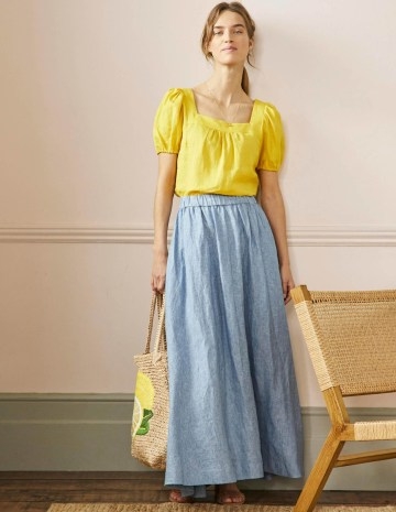 BODEN Pull-On Linen Maxi Skirt Grey Blue Chambray / women’s long length peasant style summer skirts
