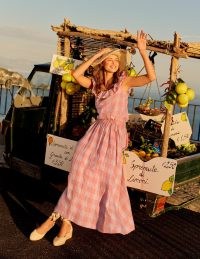 Boden Pull-on Linen Midi Skirt / women’s tonal pink gingham flared hem skirts / womens check print summer fashion