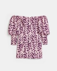 RIVER ISLAND PURPLE PRINTED BARDOT BODYCON MINI DRESS ~ long puff sleeved off the shoulder dresses ~ glamorous party fashion ~ women’s on-trend going out evening clothing