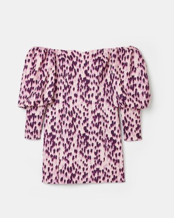 RIVER ISLAND PURPLE PRINTED BARDOT BODYCON MINI DRESS ~ long puff sleeved off the shoulder dresses ~ glamorous party fashion ~ women’s on-trend going out evening clothing - flipped