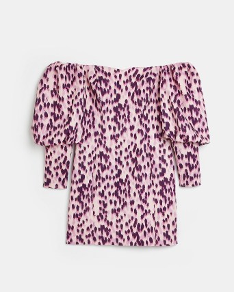 RIVER ISLAND PURPLE PRINTED BARDOT BODYCON MINI DRESS ~ long puff sleeved off the shoulder dresses ~ glamorous party fashion ~ women’s on-trend going out evening clothing