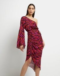 RIVER ISLAND RED ANIMAL PRINT ONE SHOULDER MIDI DRESS ~ ruched asymmetric dresses ~ single long fluted sleeve evening fashion ~ women’s on-trend party clothing