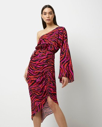 RIVER ISLAND RED ANIMAL PRINT ONE SHOULDER MIDI DRESS ~ ruched asymmetric dresses ~ single long fluted sleeve evening fashion ~ women’s on-trend party clothing - flipped