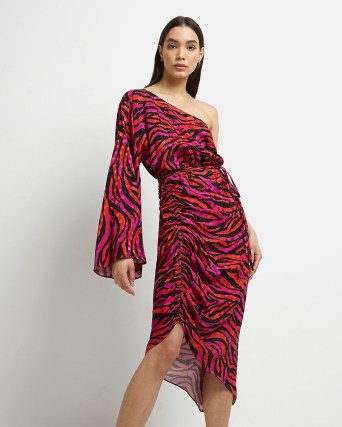 RIVER ISLAND RED ANIMAL PRINT ONE SHOULDER MIDI DRESS ~ ruched asymmetric dresses ~ single long fluted sleeve evening fashion ~ women’s on-trend party clothing