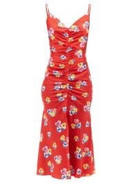 CAROLINA HERRERA Floral and polka-print gathered midi dress / red front ruched skinny shoulder strap dresses