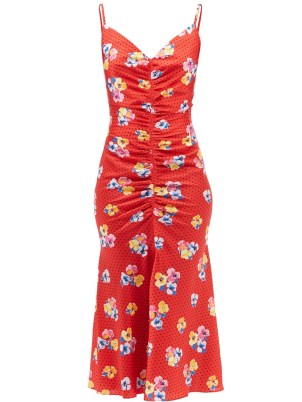 CAROLINA HERRERA Floral and polka-print gathered midi dress / red front ruched skinny shoulder strap dresses - flipped